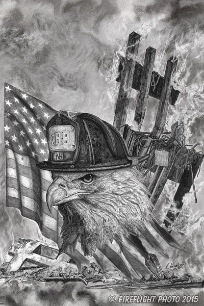 Wildlife;art;artwork;painting;drawing;Corel Painter;bald eagle;eagle;flag;patriotic;911;grayscale