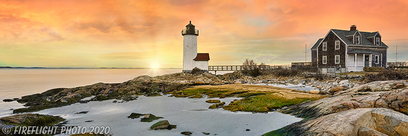 Landscape;Panoramic;Pan;Massachusetts;MA;Winter;Lighthouse;Sunset;Annisquam;Building;rocks;beach