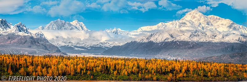 Landscape;Panoramic;Pan;Alaska;AK;Winter;Snow;Denali;Mountain Range;Foliage;Fall;Fall Colors
