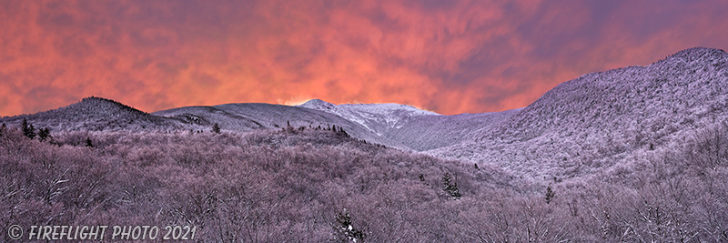 Landscape;Panoramic;Pan;New Hampshire;NH;Winter;Snow;Red Sky;Mt Lafayette;Franconia Notch