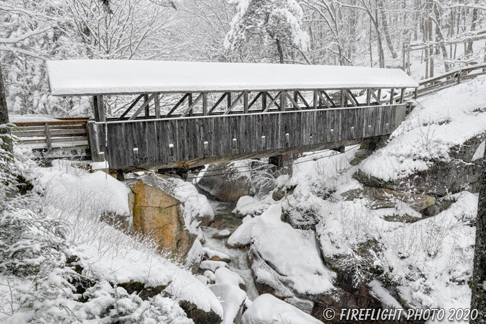 Landscape;Flume Gorge;Flume;New Hampshire;NH;Winter;Snow;bridge;covered bridge;Sentinel Pine;Z7