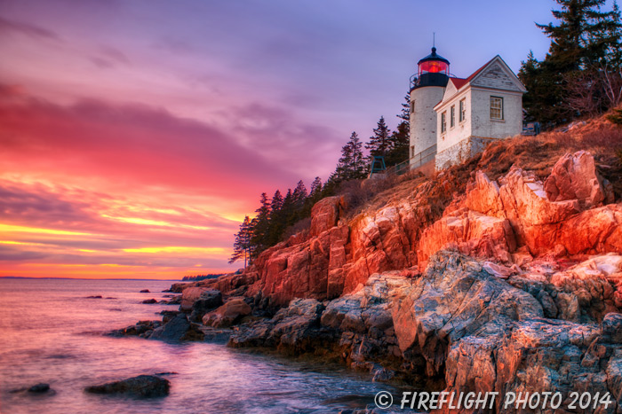 Lighthouse;Maine;Light;Headlight;Acadia;rocks;Photo to art;art;landscape;building;artwork;Sunset