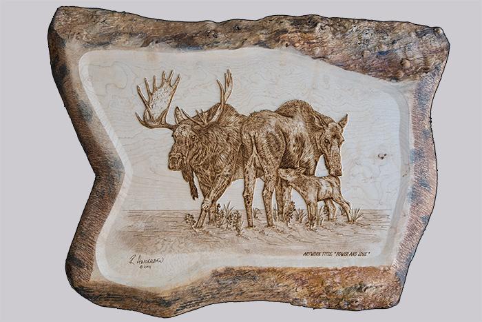 pyrography;engraving;laser engraved;artwork;maple;moose;etching.