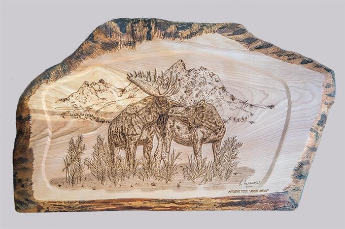 pyrography;engraving;laser engraved;artwork;maple;moose;etching.
